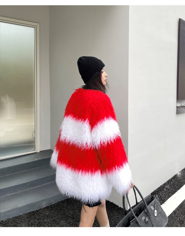 Furry faux red &white stripes color jacket rave punk goth cozy plur top party clubwear unique designer outdoors kpop style peacoat