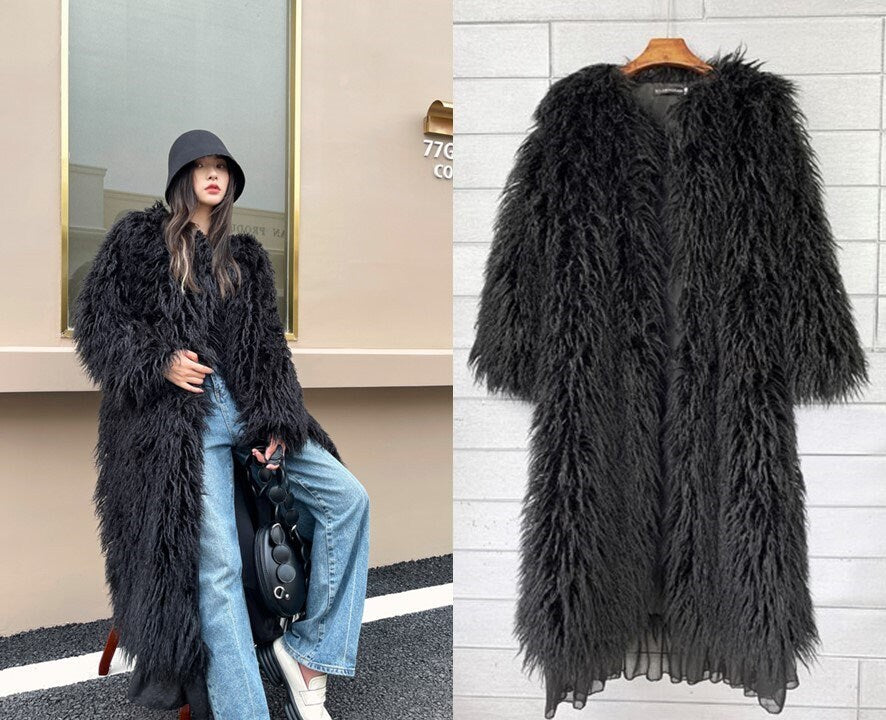 Furry faux black solid color long coat rave punk goth cozy plur top party clubwear unique designer outdoors kpop style trench coat