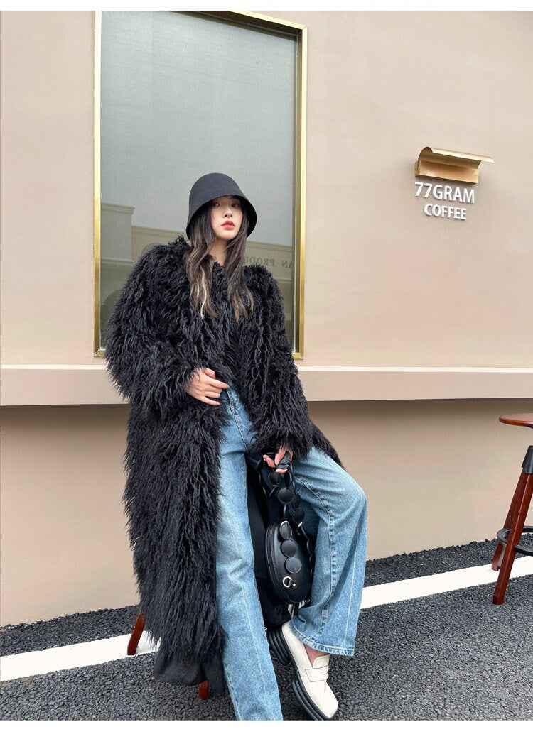 Furry faux black solid color long coat rave punk goth cozy plur top party clubwear unique designer outdoors kpop style trench coat