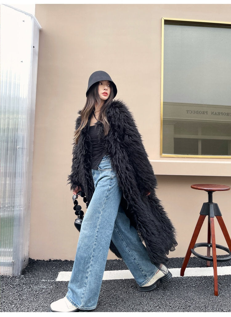 Furry faux black solid color long coat rave punk goth cozy plur top party clubwear unique designer outdoors kpop style trench coat