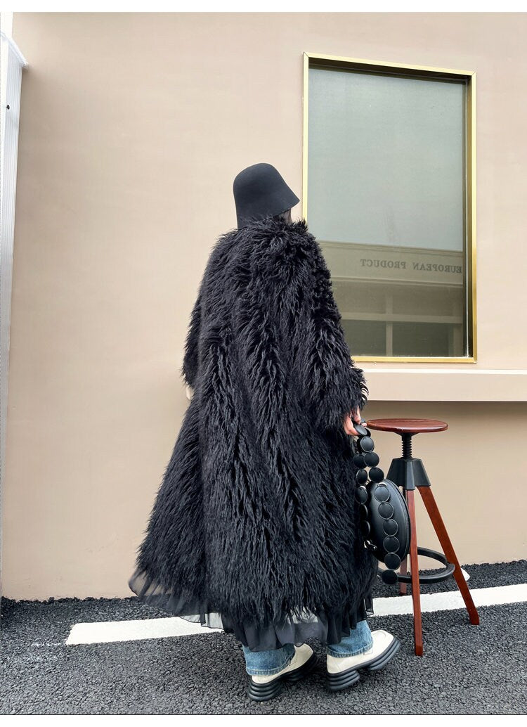 Furry faux black solid color long coat rave punk goth cozy plur top party clubwear unique designer outdoors kpop style trench coat