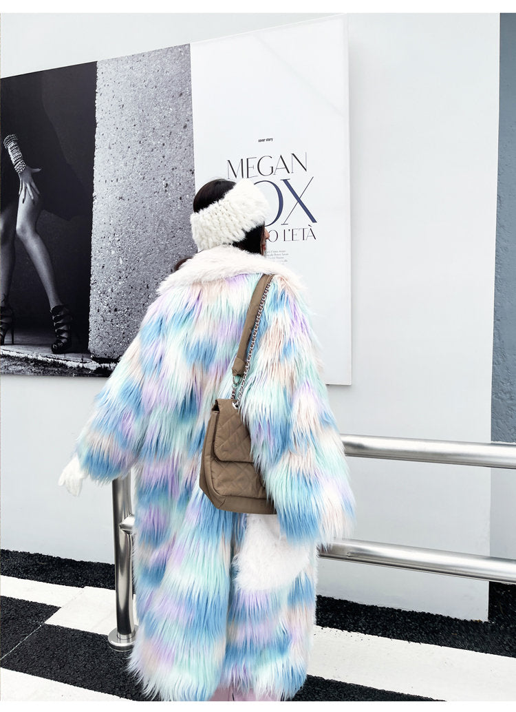 Furry faux tie dye pastel color long coat rave punk goth cozy plur top party clubwear unique designer outdoors kpop style trench coat