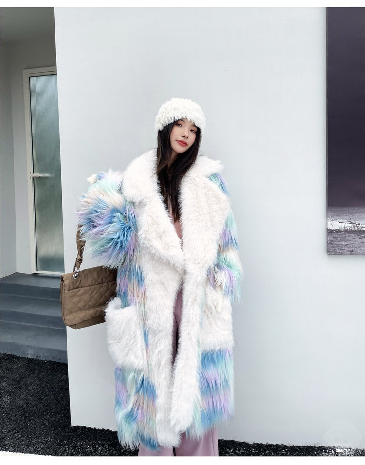 Furry faux tie dye pastel color long coat rave punk goth cozy plur top party clubwear unique designer outdoors kpop style trench coat