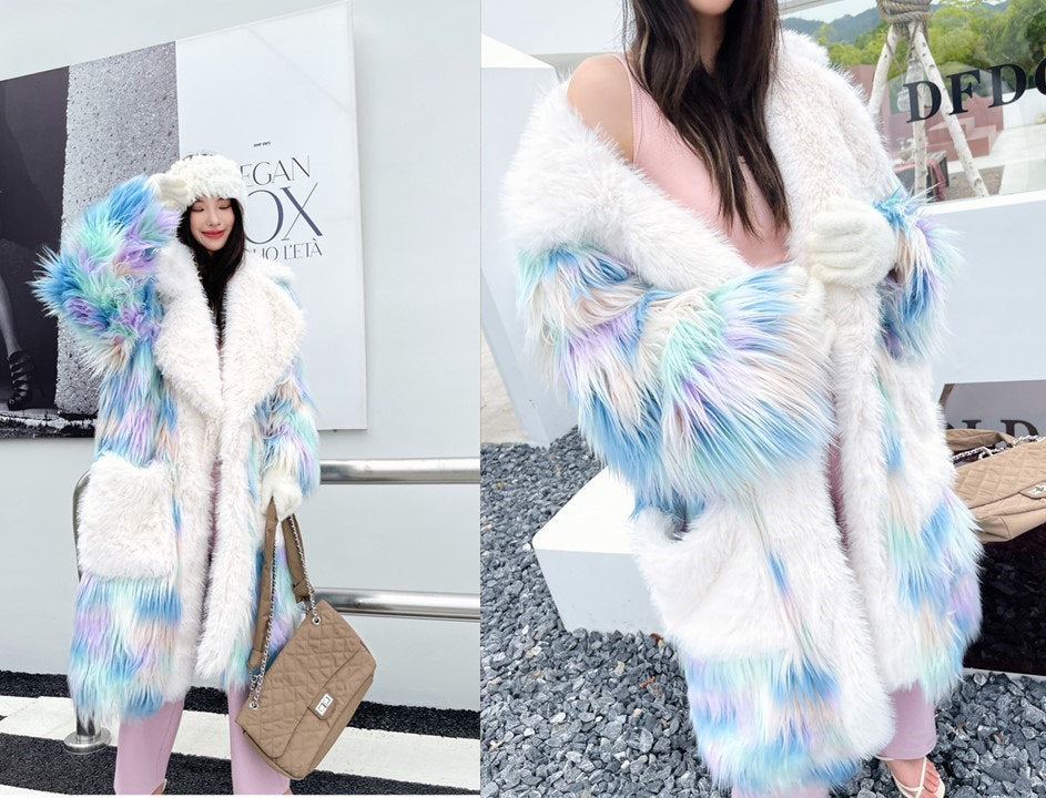 Furry faux tie dye pastel color long coat rave punk goth cozy plur top party clubwear unique designer outdoors kpop style trench coat