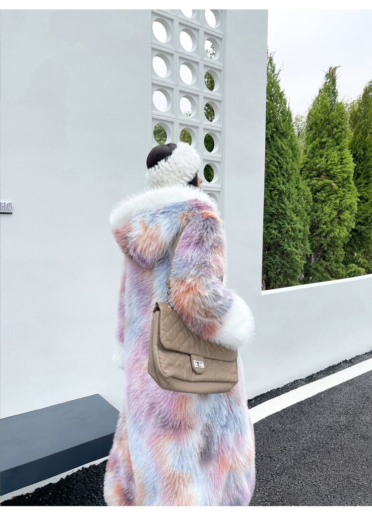 Furry faux tie dye pastel color long coat with hood rave punk goth cozy plur top party clubwear unique designer kpop style trench coat