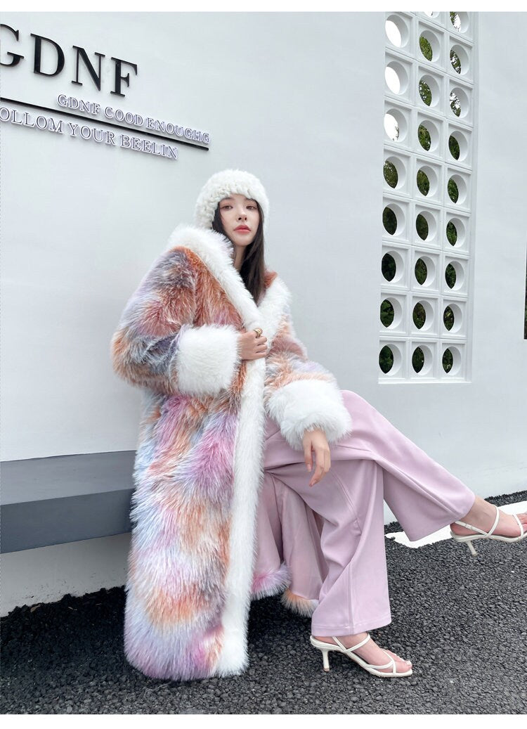 Furry faux tie dye pastel color long coat with hood rave punk goth cozy plur top party clubwear unique designer kpop style trench coat