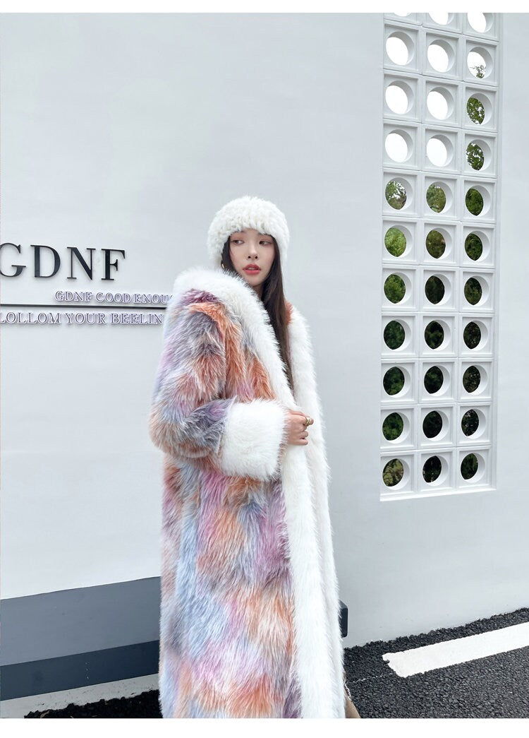 Furry faux tie dye pastel color long coat with hood rave punk goth cozy plur top party clubwear unique designer kpop style trench coat