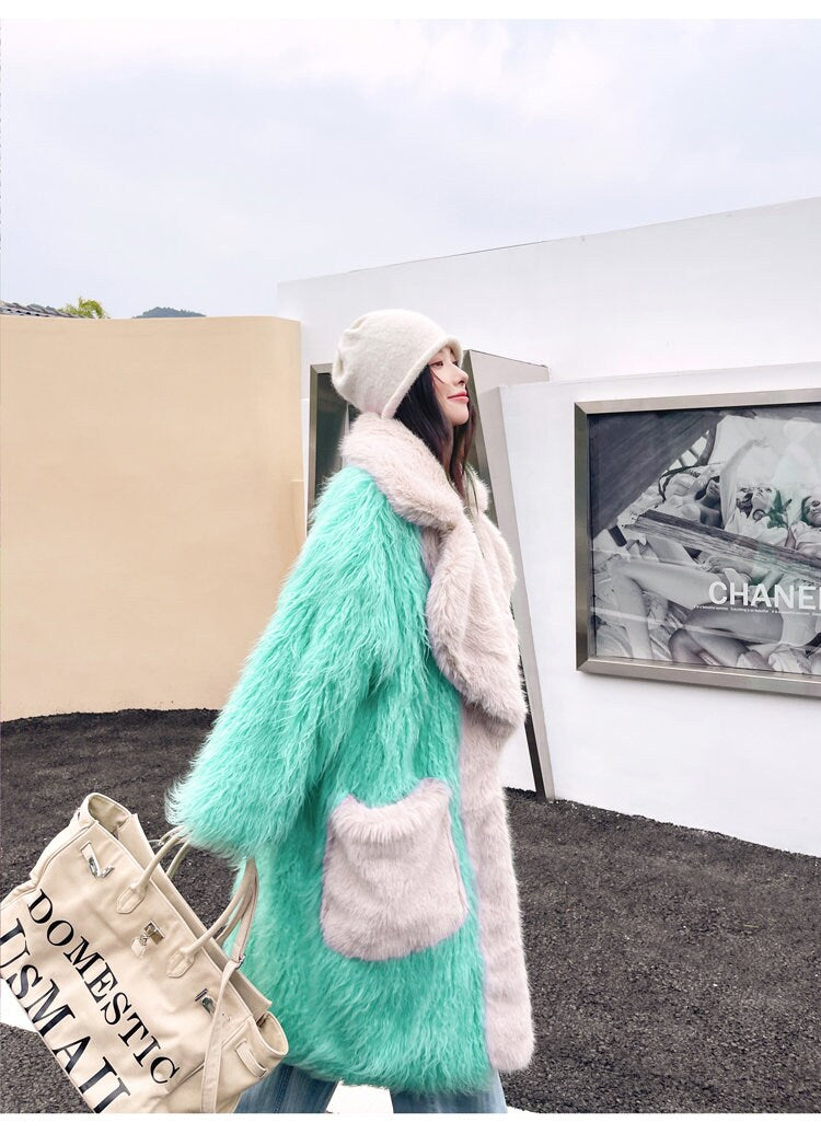 Furry faux big collar pastel color long coat rave punk goth cozy plur top party clubwear unique designer outdoors kpop style trench coat