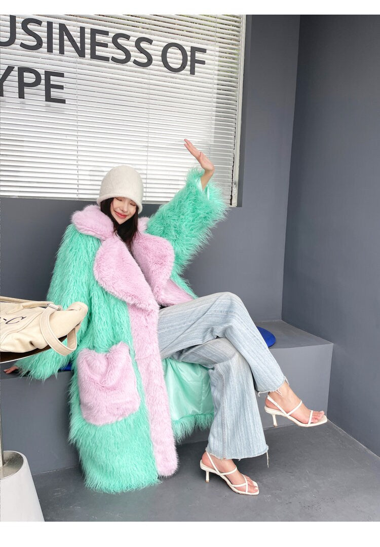 Furry faux big collar pastel color long coat rave punk goth cozy plur top party clubwear unique designer outdoors kpop style trench coat