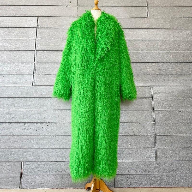 Furry faux big bold color long coat, custom made rave punk goth cozy plur top party clubwear unique designer outdoors kpop style trench coat