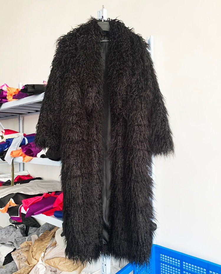 Furry faux big bold color long coat, custom made rave punk goth cozy plur top party clubwear unique designer outdoors kpop style trench coat