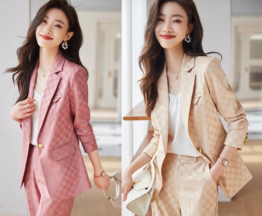 Checkered pantsuit in various colors, designer women blazer + pants subtle pattern spring summer suit set formal office wedding