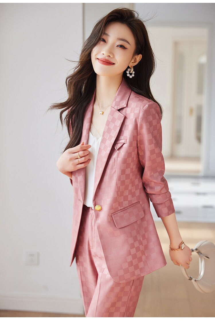 Checkered pantsuit in various colors, designer women blazer + pants subtle pattern spring summer suit set formal office wedding