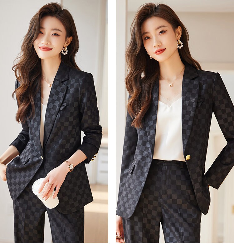 Checkered pantsuit in various colors, designer women blazer + pants subtle pattern spring summer suit set formal office wedding