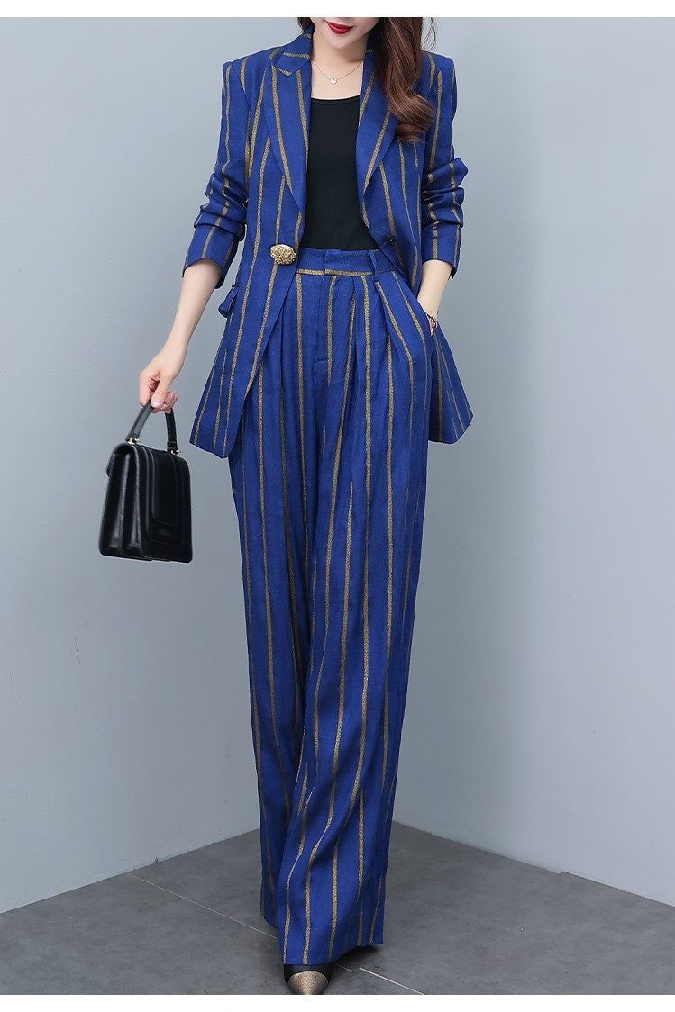 High-end gold striped blue/ white lady pantsuit, designer women spring blazer + pants suit set spring thin layer wedding prom office