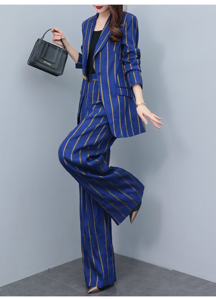 High-end gold striped blue/ white lady pantsuit, designer women spring blazer + pants suit set spring thin layer wedding prom office