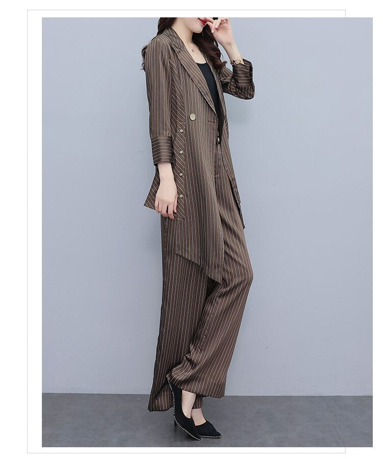 High-end striped brown lady pantsuit, designer women spring summer long blazer + pants suit set thin layer wedding prom office