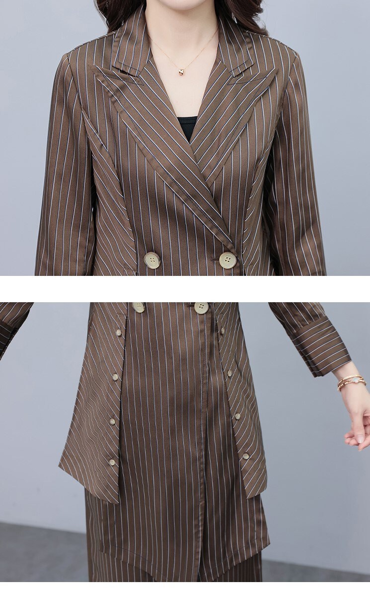 High-end striped brown lady pantsuit, designer women spring summer long blazer + pants suit set thin layer wedding prom office