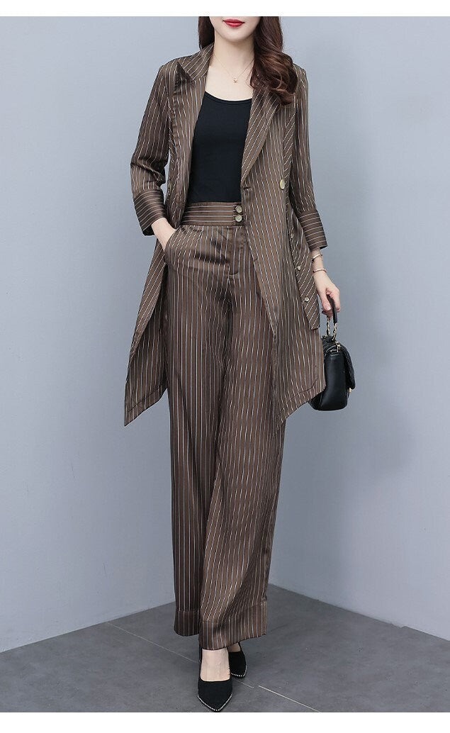 High-end striped brown lady pantsuit, designer women spring summer long blazer + pants suit set thin layer wedding prom office