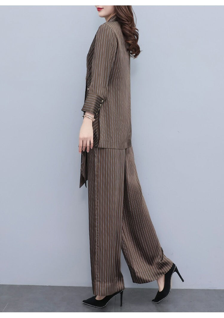 High-end striped brown lady pantsuit, designer women spring summer long blazer + pants suit set thin layer wedding prom office