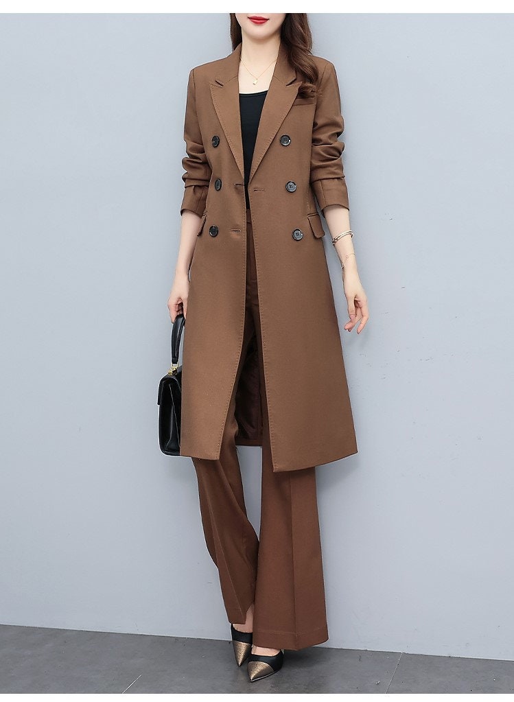 High-end brown lady pantsuit, designer women spring summer long blazer + pants suit set trench cost thin layer wedding prom office