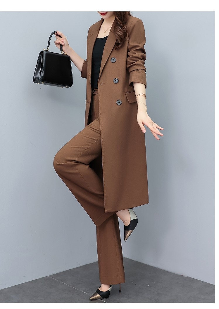 High-end brown lady pantsuit, designer women spring summer long blazer + pants suit set trench cost thin layer wedding prom office