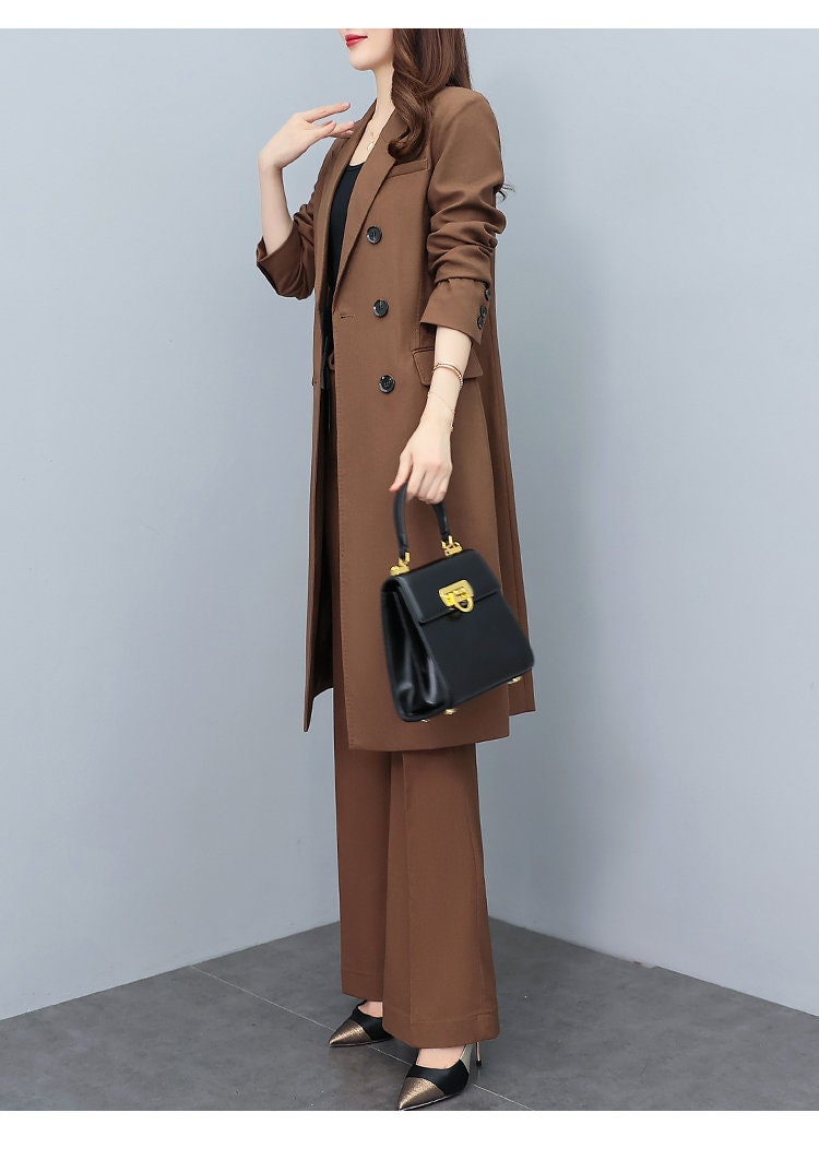 High-end brown lady pantsuit, designer women spring summer long blazer + pants suit set trench cost thin layer wedding prom office