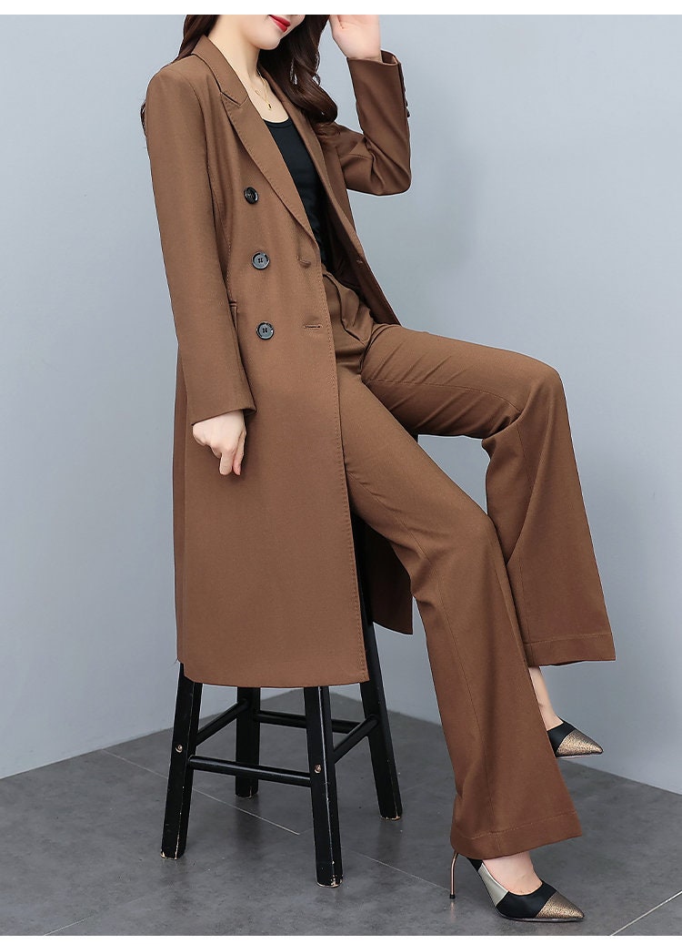 High-end brown lady pantsuit, designer women spring summer long blazer + pants suit set trench cost thin layer wedding prom office