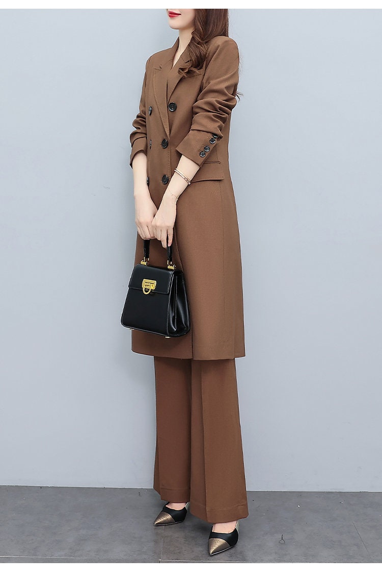 High-end brown lady pantsuit, designer women spring summer long blazer + pants suit set trench cost thin layer wedding prom office