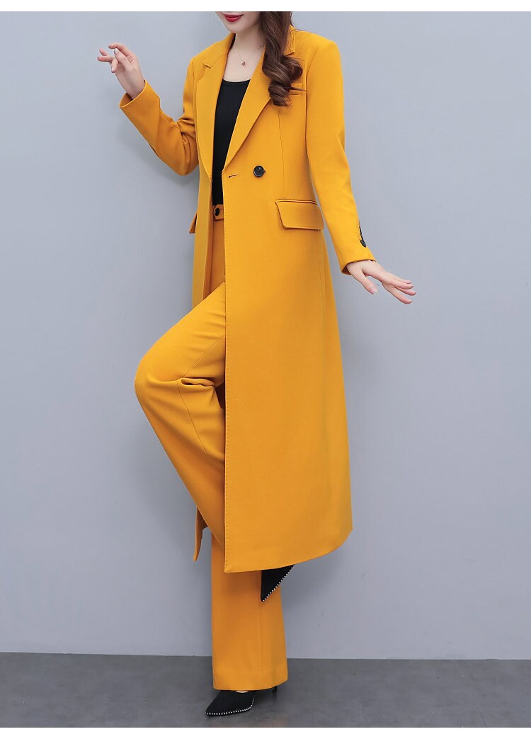 High-end amber color lady pantsuit, designer women spring summer long blazer + pants suit set thin layer wedding prom office