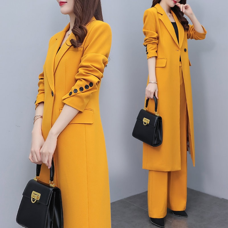 High-end amber color lady pantsuit, designer women spring summer long blazer + pants suit set thin layer wedding prom office