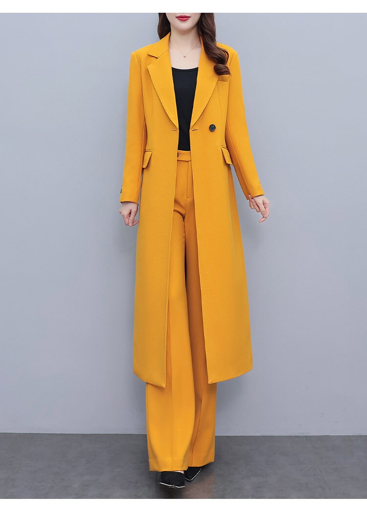 High-end amber color lady pantsuit, designer women spring summer long blazer + pants suit set thin layer wedding prom office