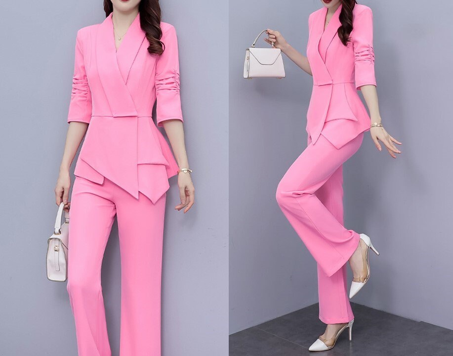 High-end pink slim cut lady pantsuit, designer women spring summer blazer + pants suit set thin layer wedding prom office