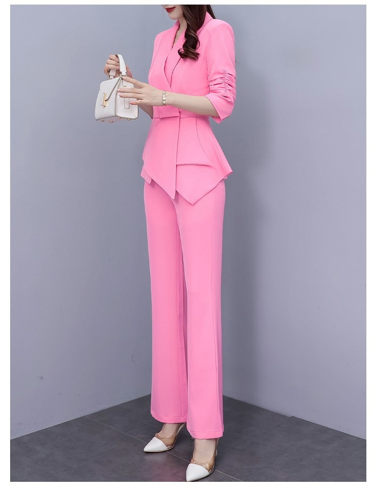 High-end pink slim cut lady pantsuit, designer women spring summer blazer + pants suit set thin layer wedding prom office