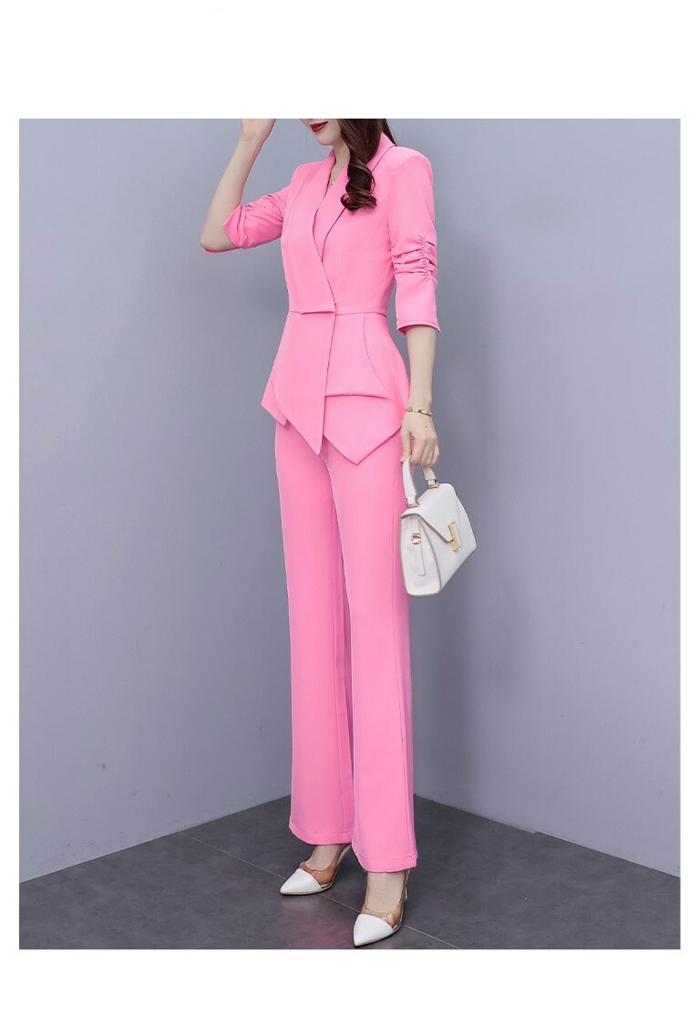 High-end pink slim cut lady pantsuit, designer women spring summer blazer + pants suit set thin layer wedding prom office