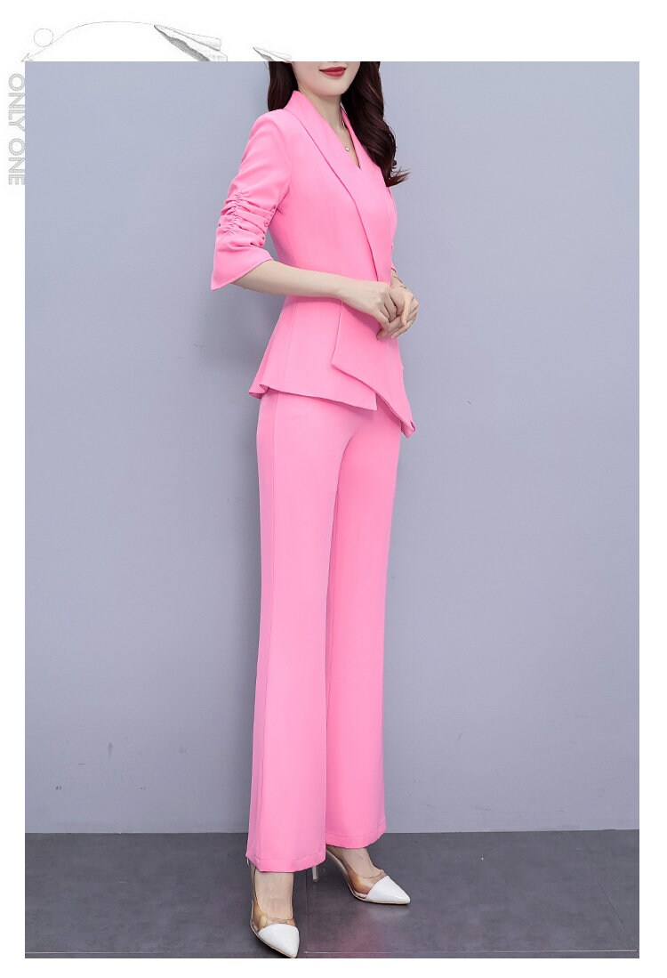 High-end pink slim cut lady pantsuit, designer women spring summer blazer + pants suit set thin layer wedding prom office