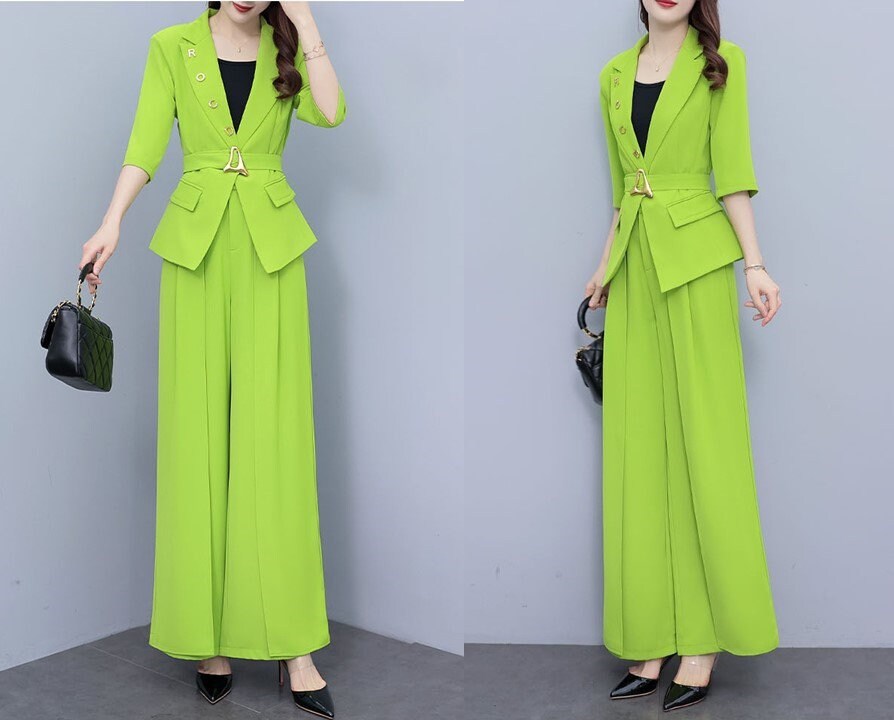 High-end lime colors lady pantsuit, designer women spring summer blazer + wide leg pants suit set thin layer wedding prom office