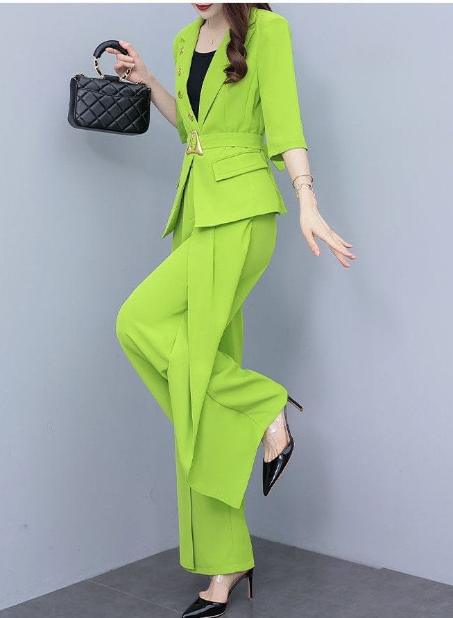 High-end lime colors lady pantsuit, designer women spring summer blazer + wide leg pants suit set thin layer wedding prom office