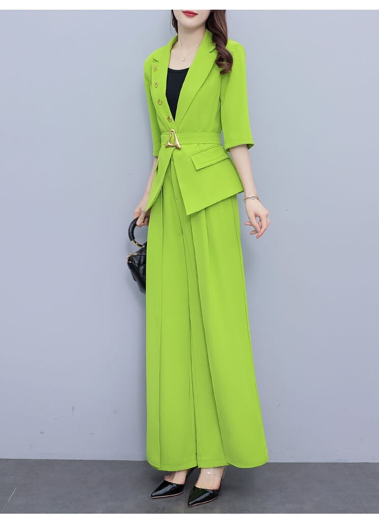 High-end lime colors lady pantsuit, designer women spring summer blazer + wide leg pants suit set thin layer wedding prom office