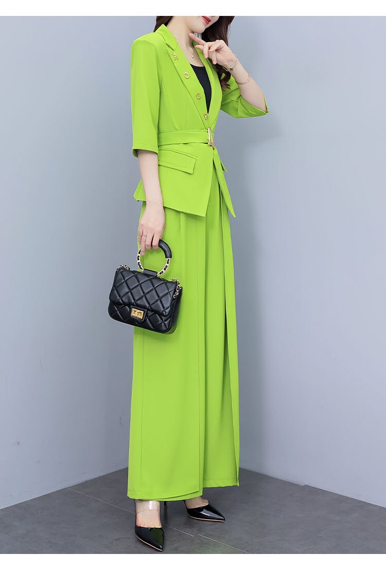 High-end lime colors lady pantsuit, designer women spring summer blazer + wide leg pants suit set thin layer wedding prom office