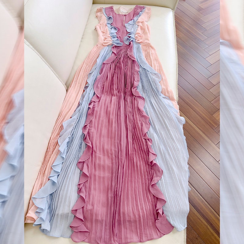 Modern slim cut pleated dress, designer women ruffles sleeveless colorful maxi dress casual party cocktail prom wedding beach summer