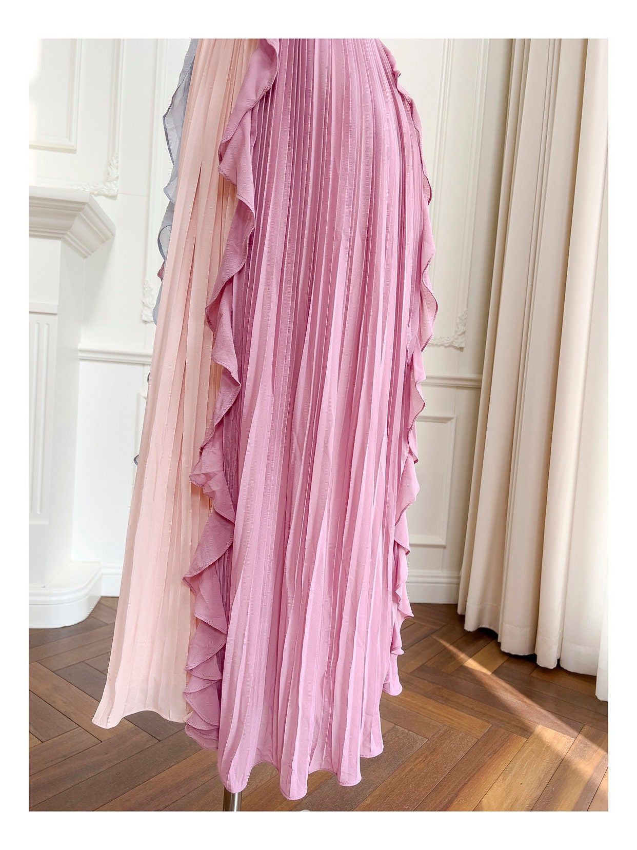 Modern slim cut pleated dress, designer women ruffles sleeveless colorful maxi dress casual party cocktail prom wedding beach summer