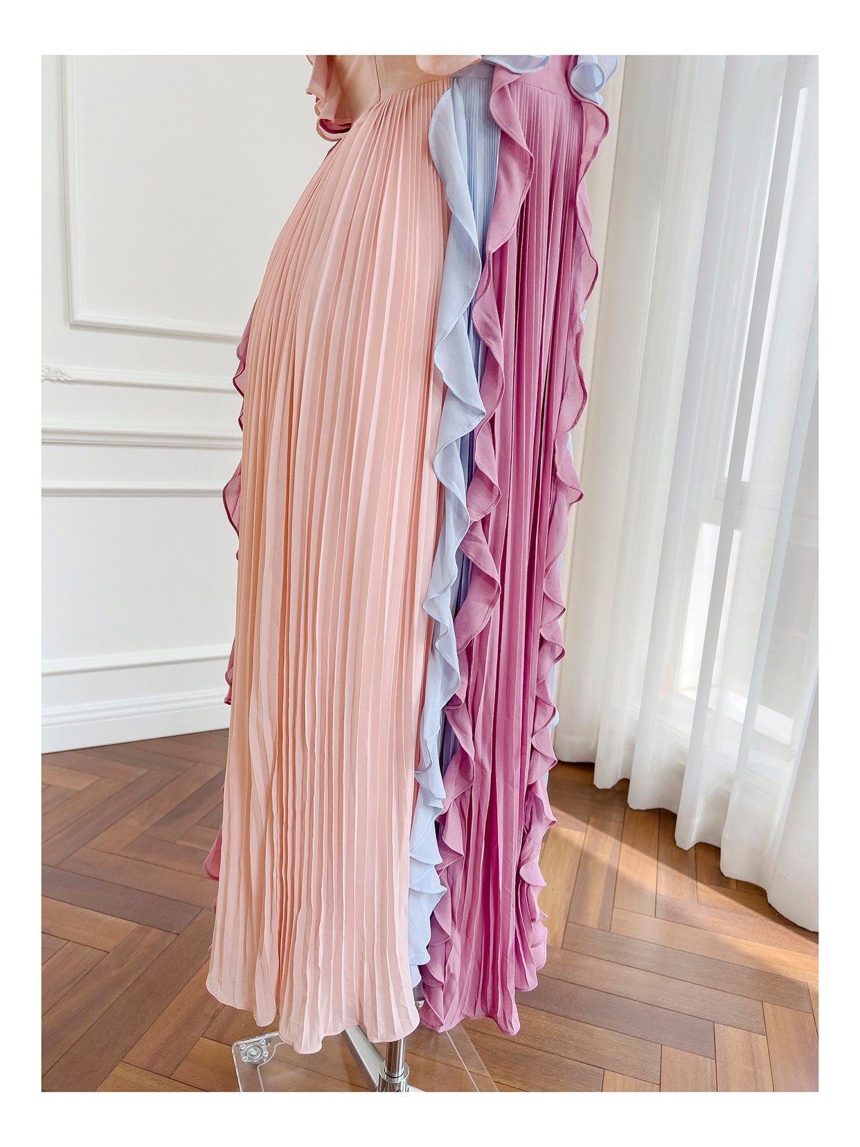 Modern slim cut pleated dress, designer women ruffles sleeveless colorful maxi dress casual party cocktail prom wedding beach summer