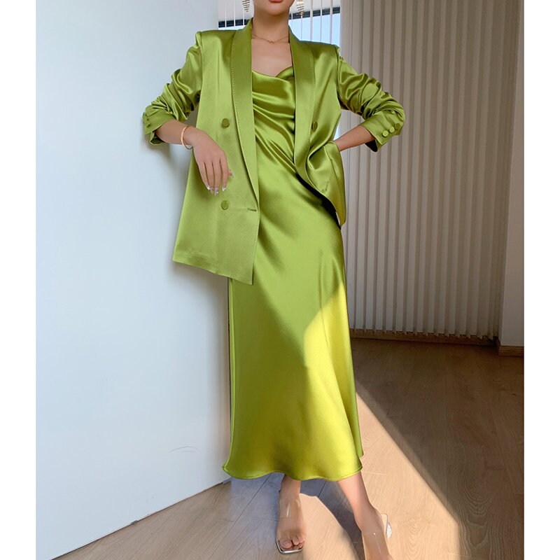 Women acetate dress suit, designer loose fit blazer + midi dress suit set, shiny green/ white/ beige for wedding office party cocktail prom