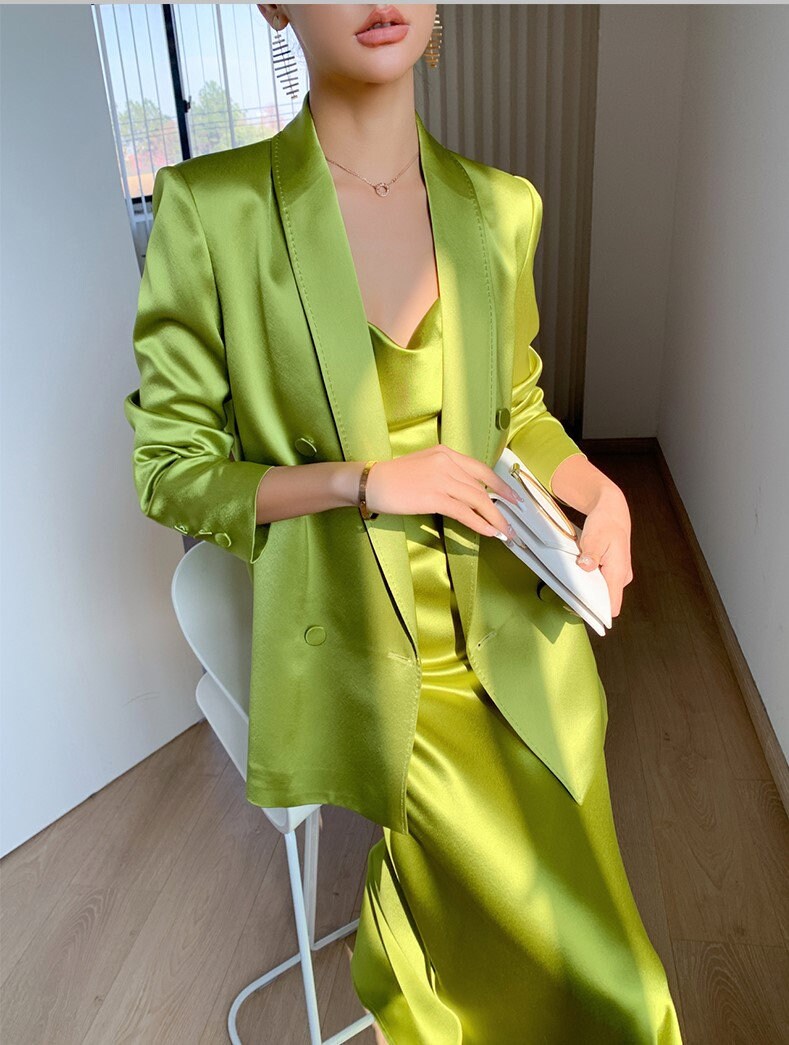 Women acetate dress suit, designer loose fit blazer + midi dress suit set, shiny green/ white/ beige for wedding office party cocktail prom