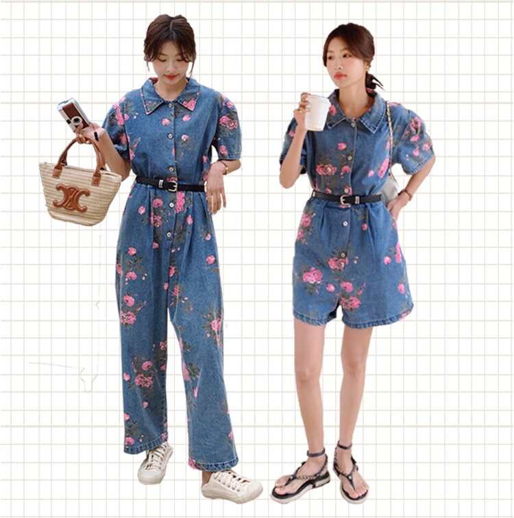 Denim Vintage Floral Jumpsuit, Woman Rompers Street Smart Casual Unique Overalls Holiday Playsuit for Outdoors Wedding Prom Party Gift