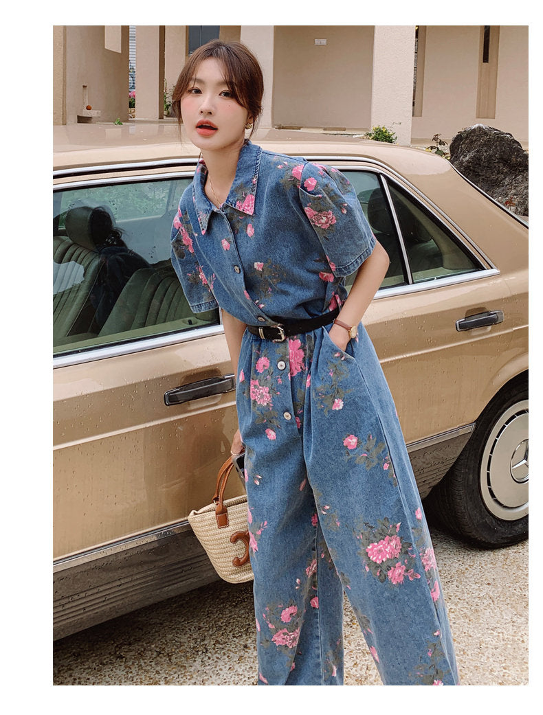 Denim Vintage Floral Jumpsuit, Woman Rompers Street Smart Casual Unique Overalls Holiday Playsuit for Outdoors Wedding Prom Party Gift