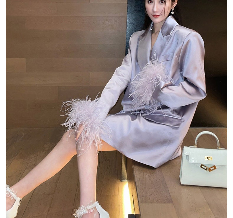 High-end chic purple satin suit jacket, designer women long blazer spring summer thin layer fur sleeves smart casual wedding cocktail party