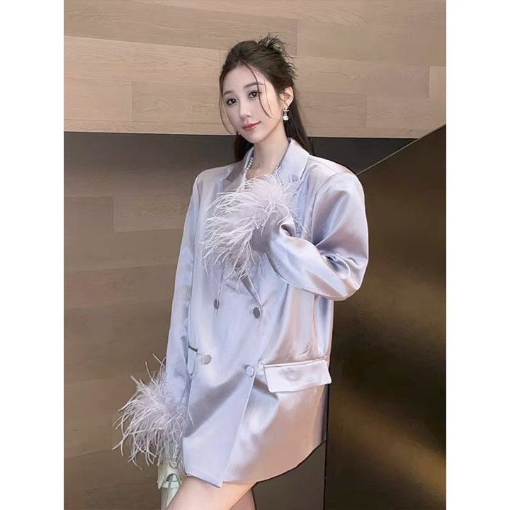 High-end chic purple satin suit jacket, designer women long blazer spring summer thin layer fur sleeves smart casual wedding cocktail party