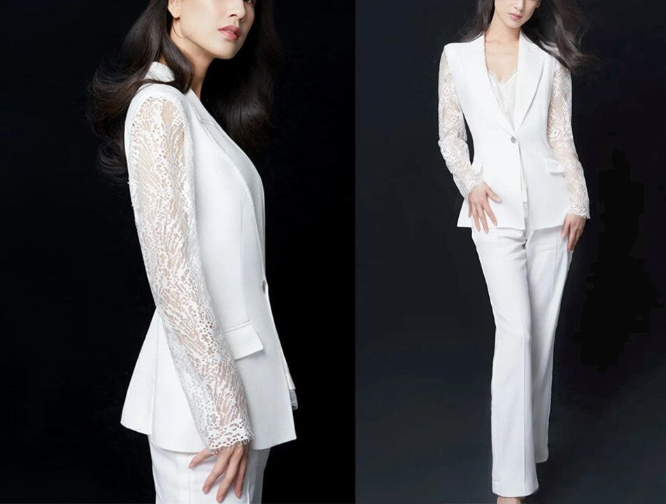 White lace patchwork suit suit, designer women summer thin pantsuit, slim cut blazer + pants two-piece set formal wedding office cocktail